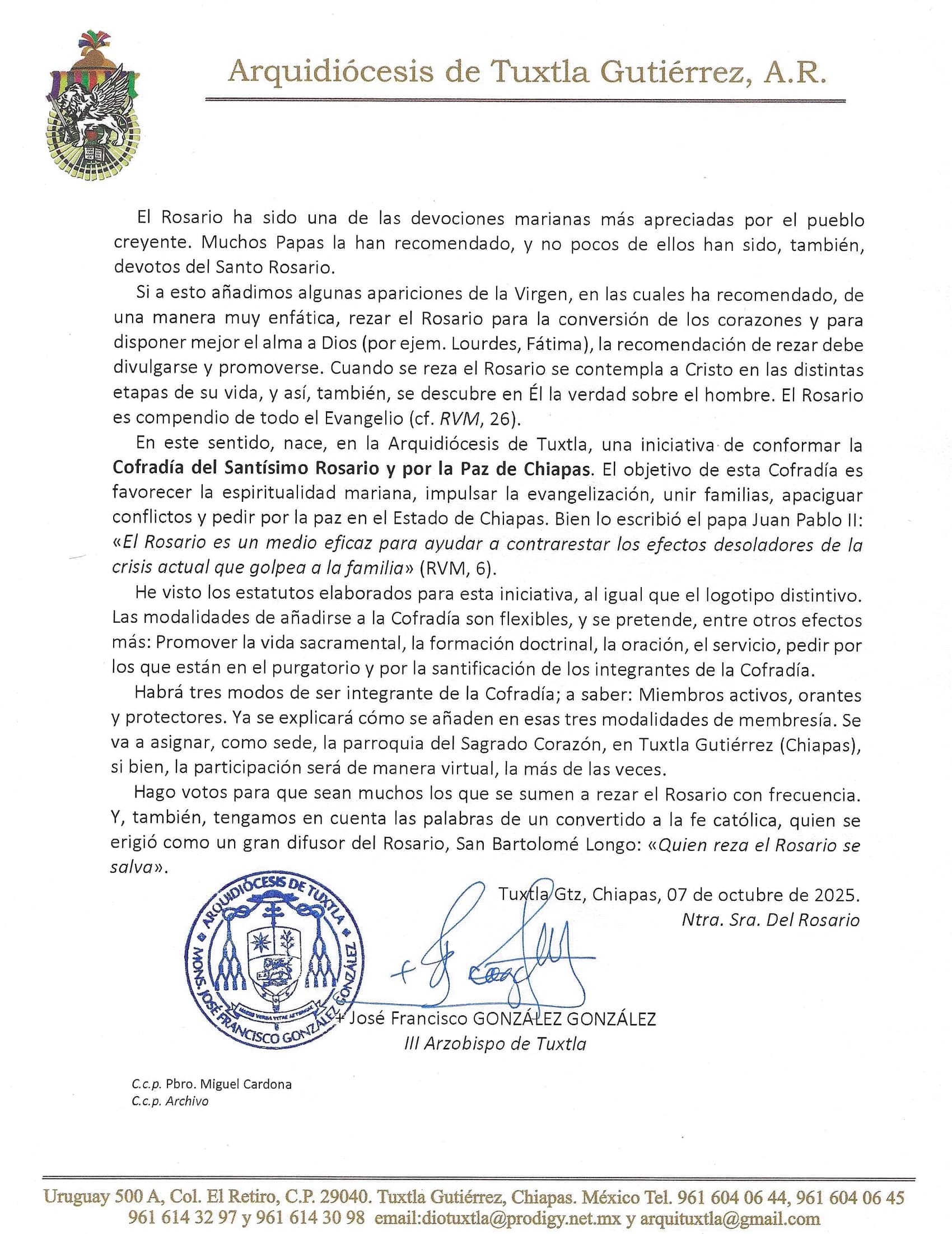 Carta del Arzobispo de Tuxtla, con membrete de la Arquidiócesis, firma y sello