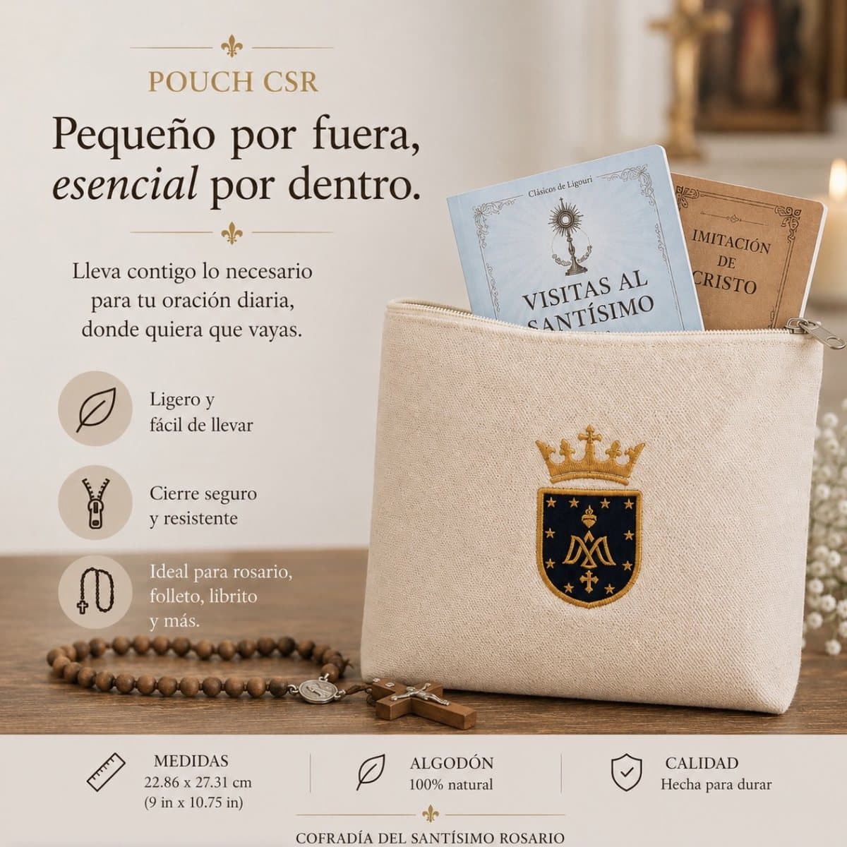 Cosmetiquera CSR bordada con el escudo de la Cofradía, con dos libritos de oración y un rosario