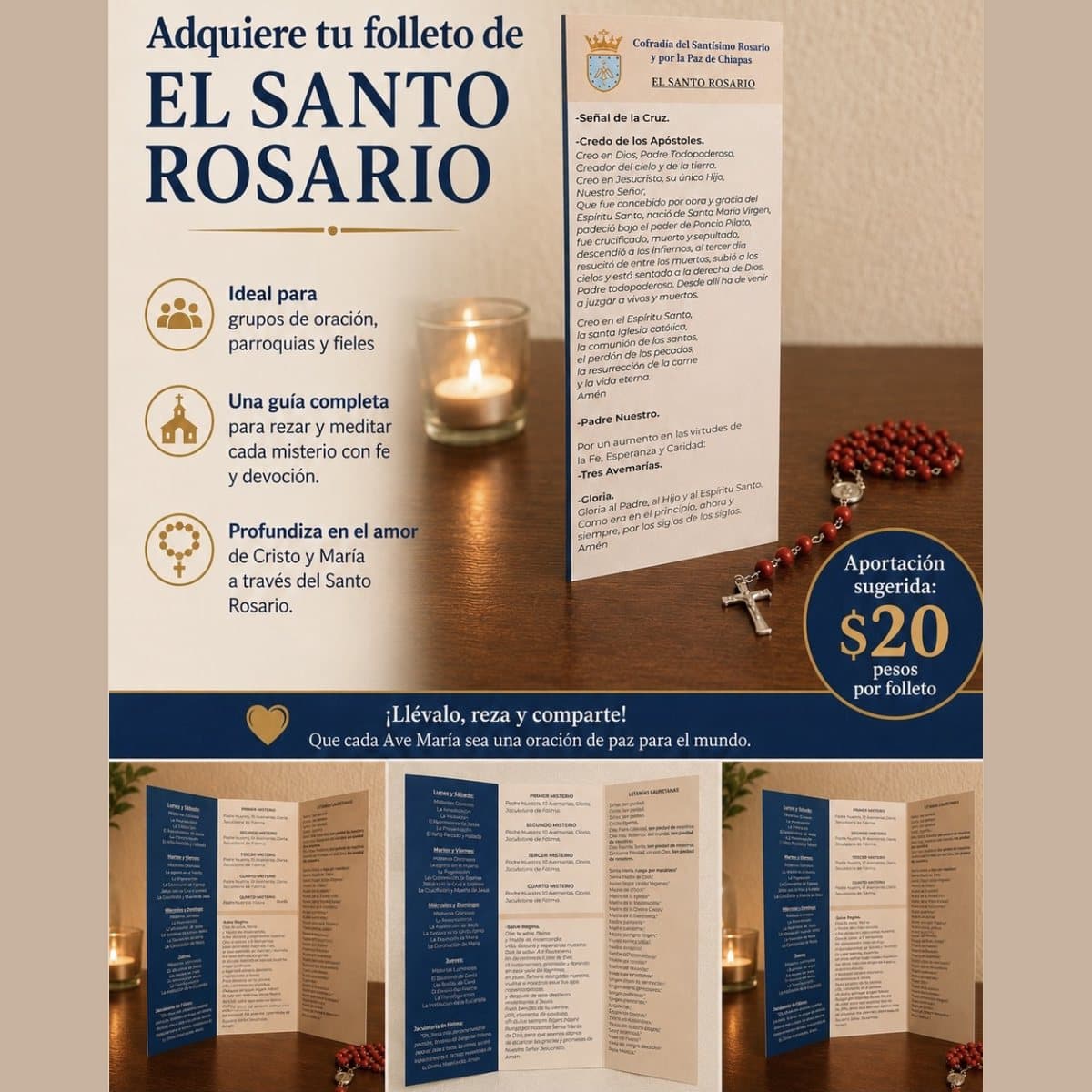 Folleto de El Santo Rosario, abierto y cerrado, junto a una vela y un rosario