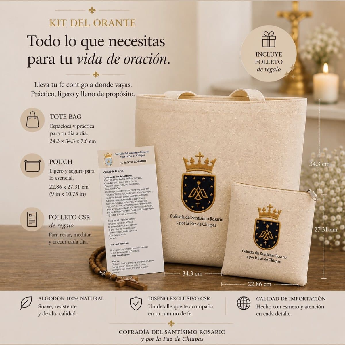 Kit del Orante: tote bag y cosmetiquera bordadas con el escudo, folleto de El Santo Rosario y rosario