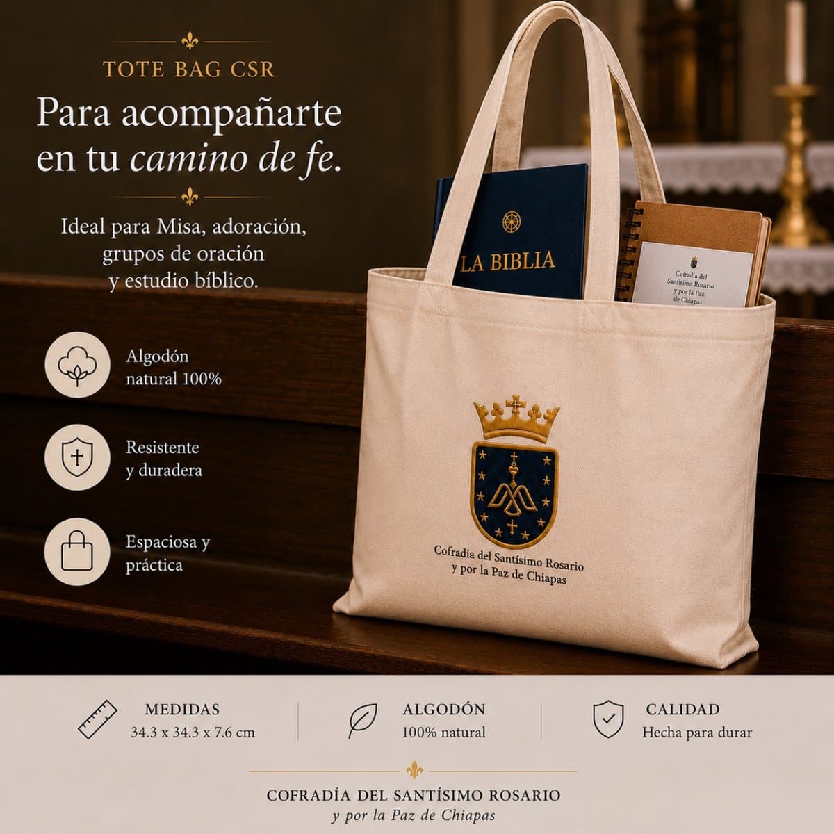 Tote Bag CSR bordada con el escudo de la Cofradía, con una Biblia y una libreta dentro